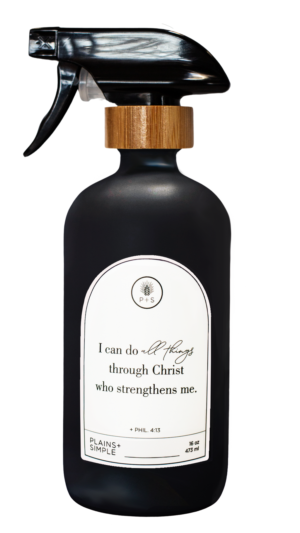 Black glass I Can Do All Things multipurpose Gratitude Bottle with spray pump.