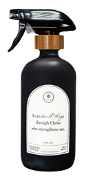 Black glass I Can Do All Things multipurpose Gratitude Bottle with spray pump.