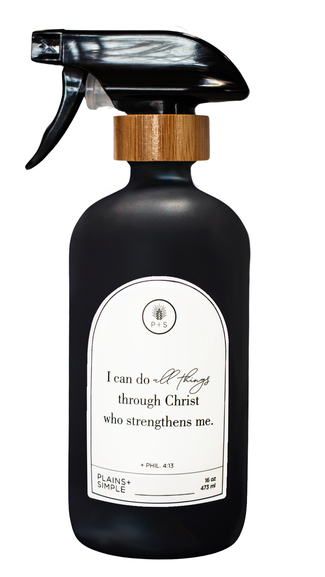 Black glass I Can Do All Things multipurpose Gratitude Bottle with spray pump.
