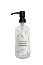 Clear glass I Can Do All Things multipurpose Gratitude Bottle with black pump.
