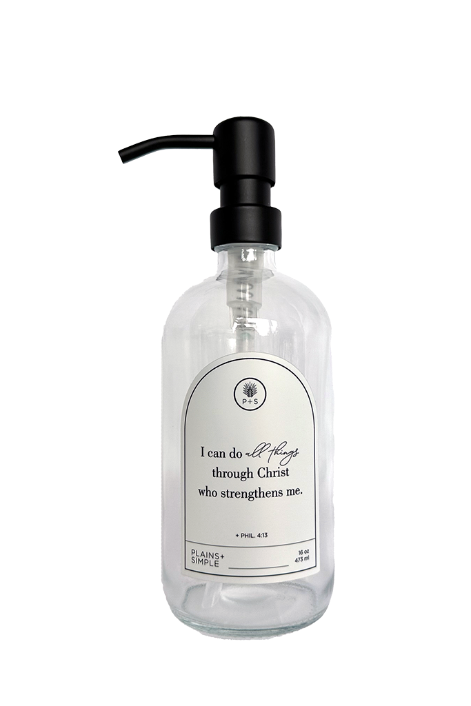 Clear glass I Can Do All Things multipurpose Gratitude Bottle with black pump.