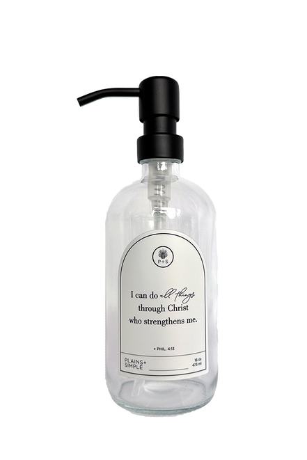 Clear glass I Can Do All Things multipurpose Gratitude Bottle with black pump.