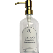 Clear glass I Can Do All Things multipurpose Gratitude Bottle with gold pump.