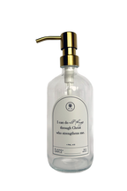 Clear glass I Can Do All Things multipurpose Gratitude Bottle with gold pump.