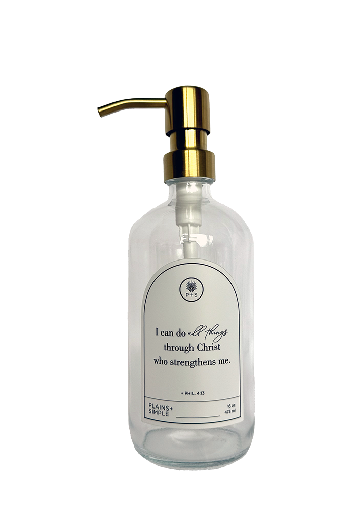 Clear glass I Can Do All Things multipurpose Gratitude Bottle with gold pump.