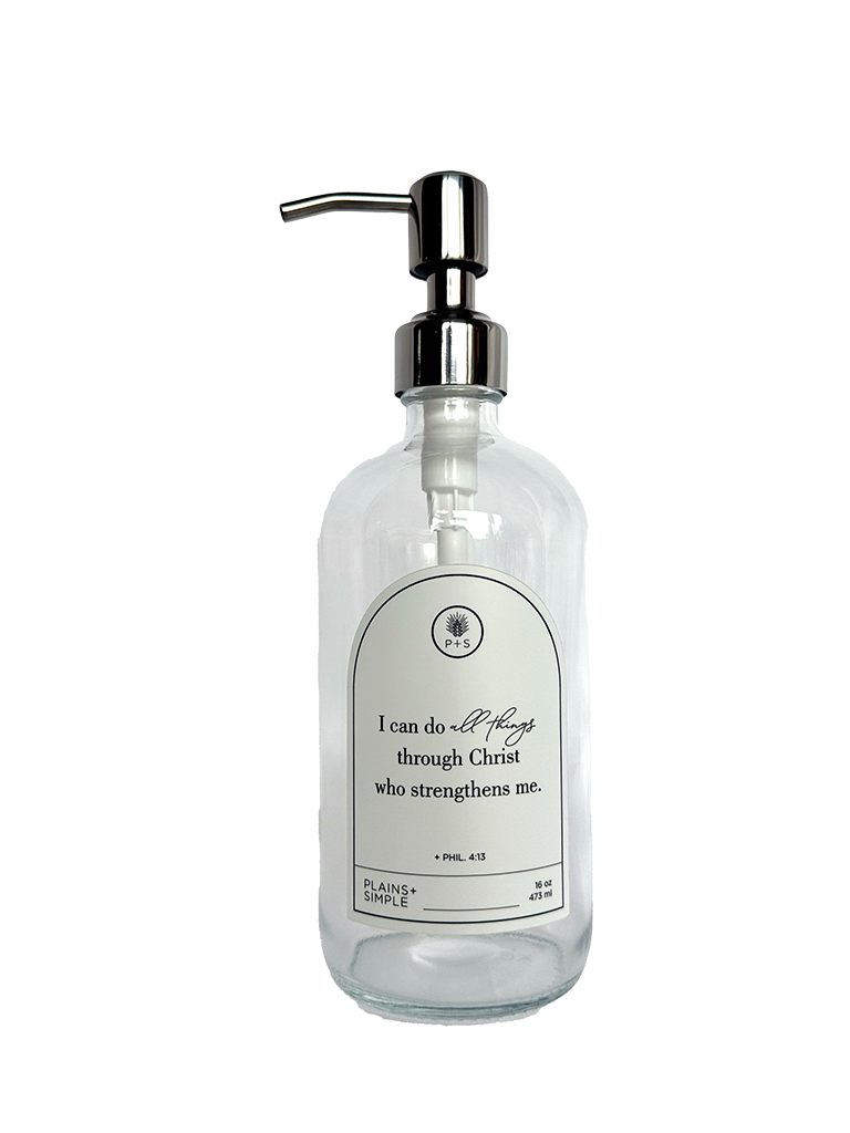 Clear glass I Can Do All Things multipurpose Gratitude Bottle with silver pump.