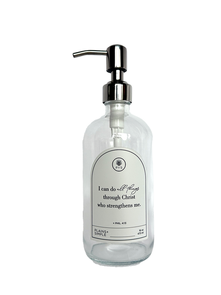 Clear glass I Can Do All Things multipurpose Gratitude Bottle with silver pump.
