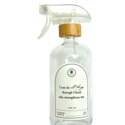 Clear glass I Can Do All Things multipurpose Gratitude Bottle with spray pump.