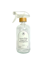 Clear glass I Can Do All Things multipurpose Gratitude Bottle with spray pump.