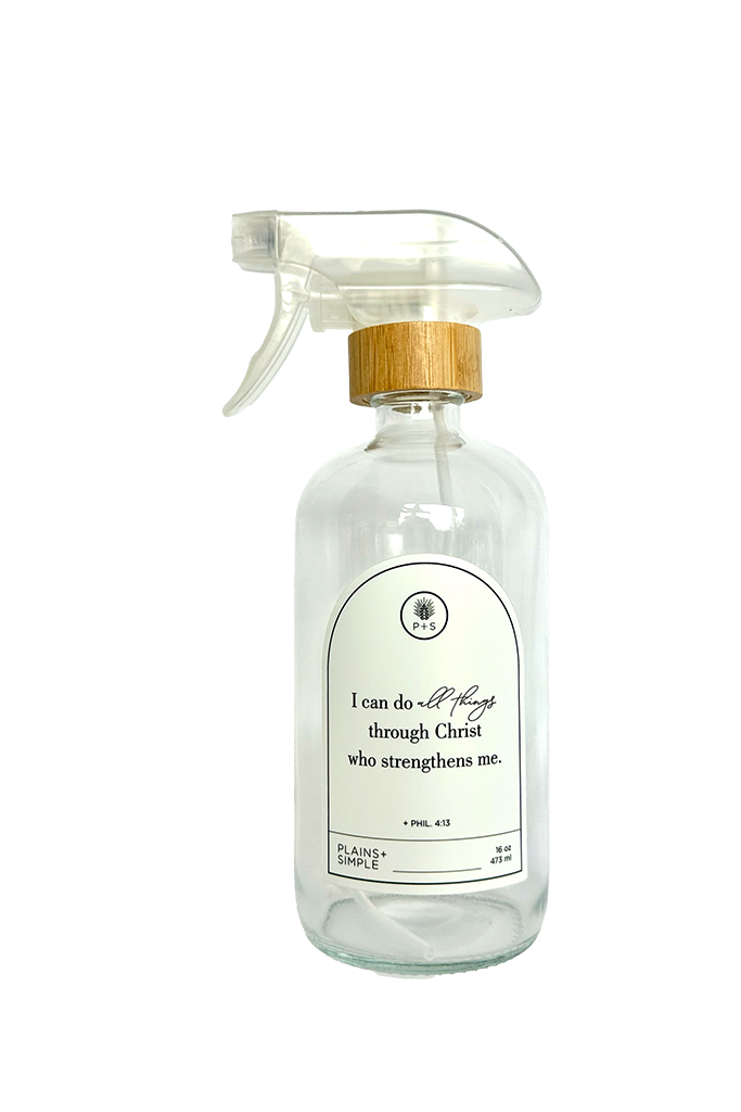 Clear glass I Can Do All Things multipurpose Gratitude Bottle with spray pump.