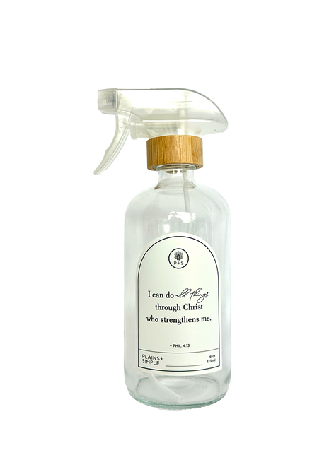 Clear glass I Can Do All Things multipurpose Gratitude Bottle with spray pump.