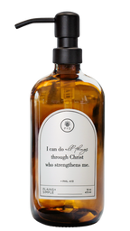 Amber glass I Can Do All Things multipurpose Gratitude Bottle with black pump.