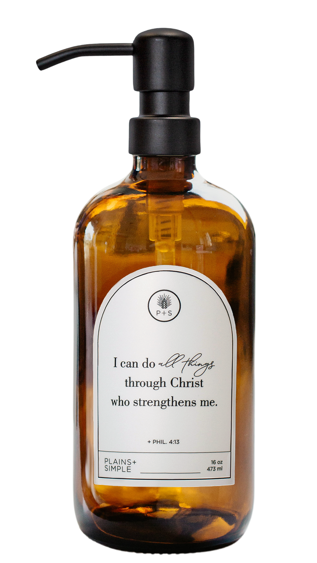 Amber glass I Can Do All Things multipurpose Gratitude Bottle with black pump.