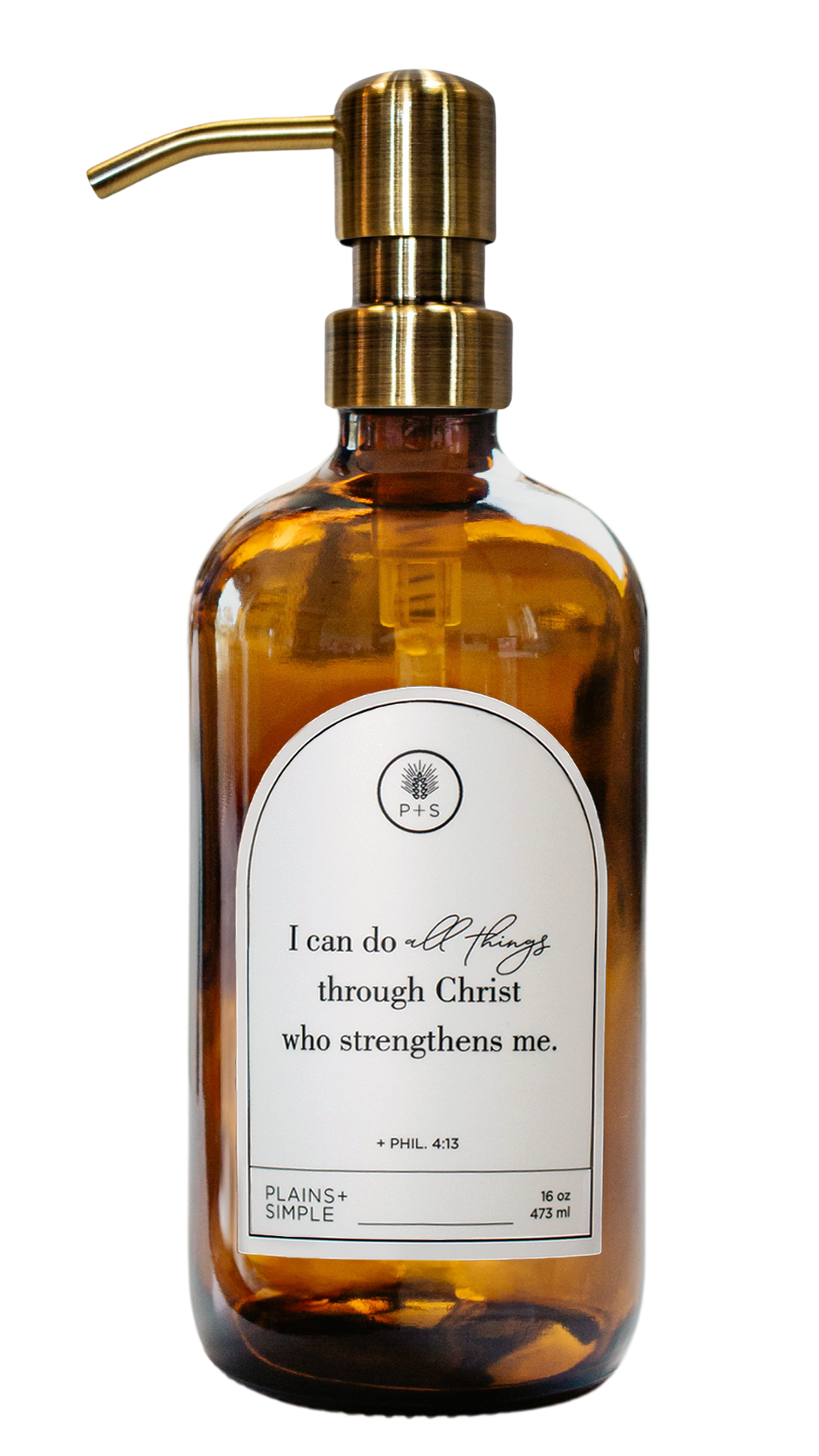 Amber glass I Can Do All Things multipurpose Gratitude Bottle with gold pump.