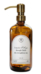 Amber glass I Can Do All Things multipurpose Gratitude Bottle with gold pump.