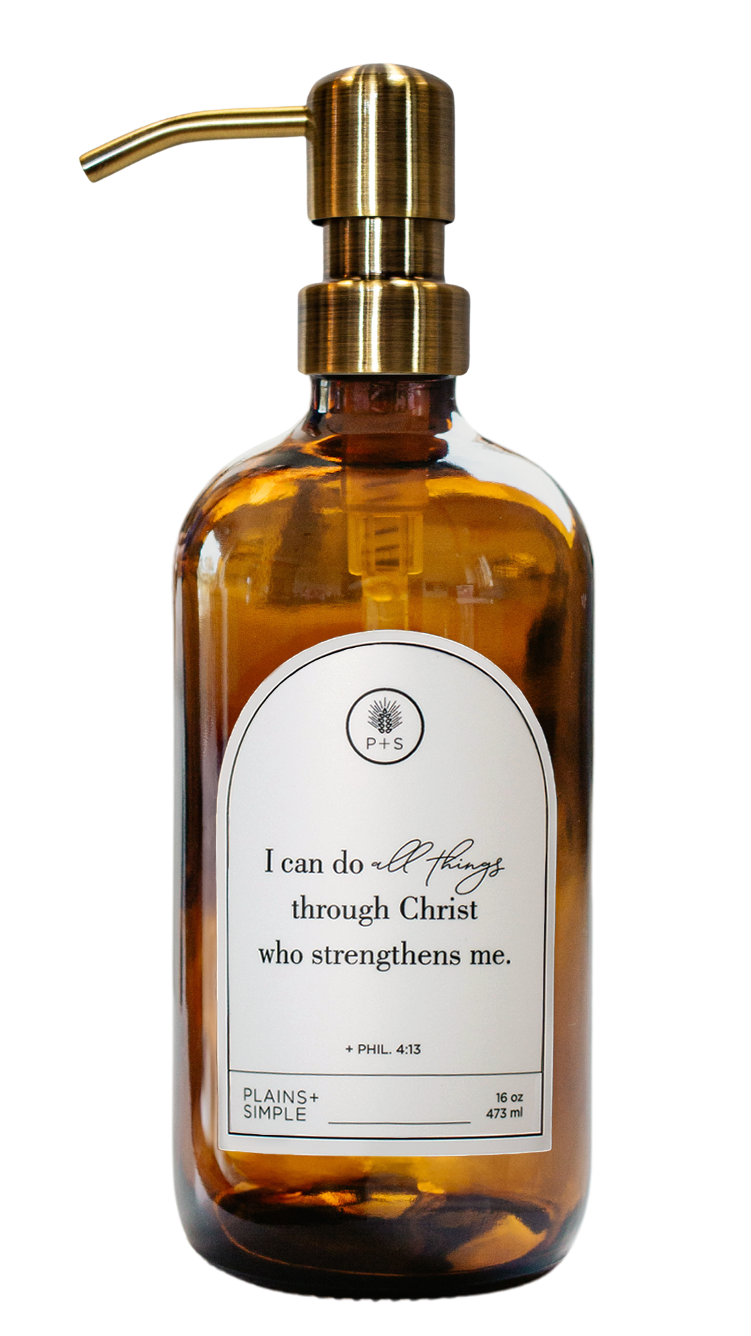 Amber glass I Can Do All Things multipurpose Gratitude Bottle with gold pump.