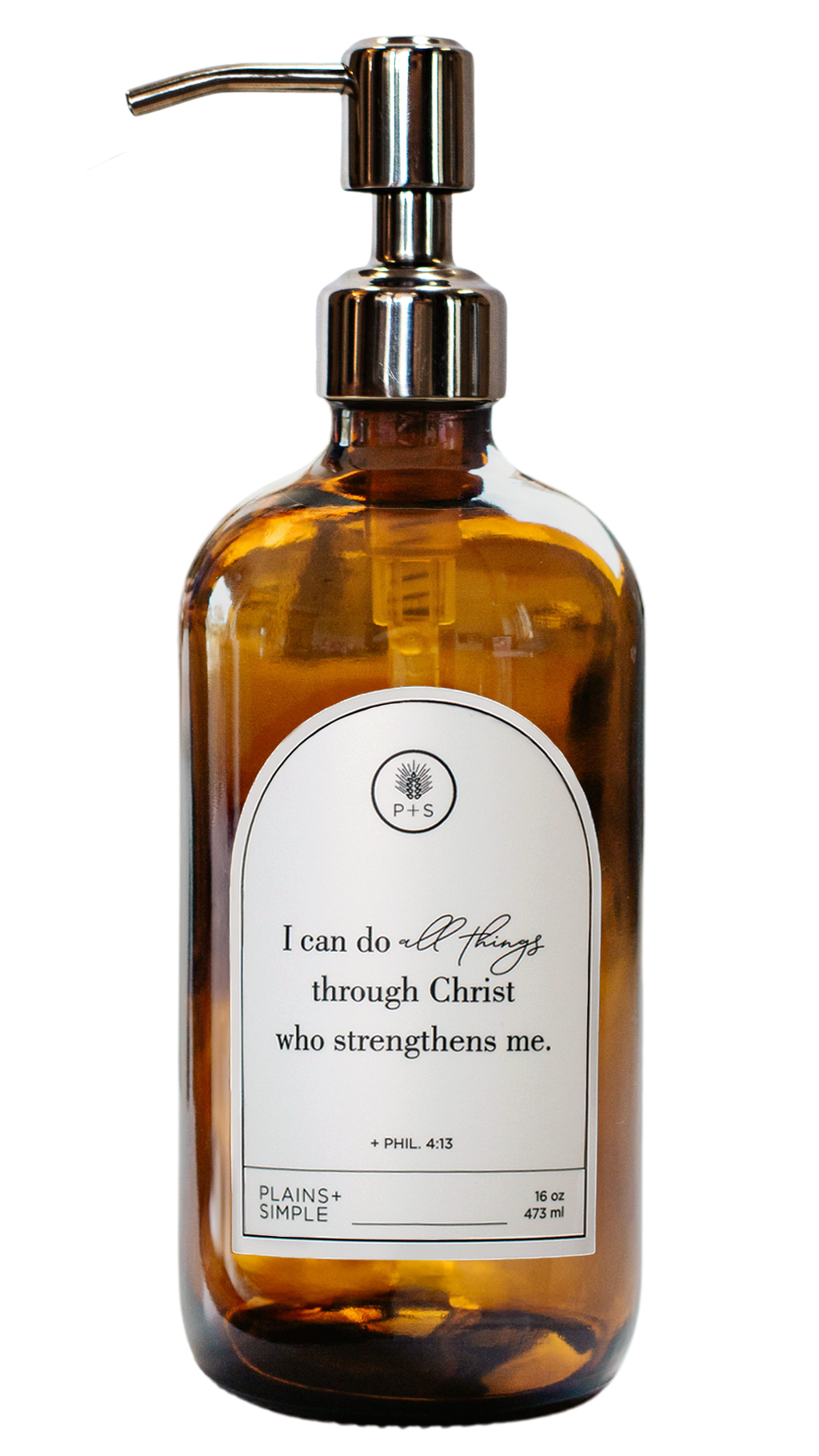 Amber glass I Can Do All Things multipurpose Gratitude Bottle with silver pump.