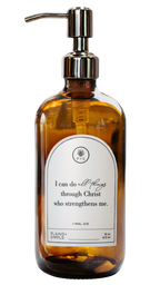 Amber glass I Can Do All Things multipurpose Gratitude Bottle with silver pump.