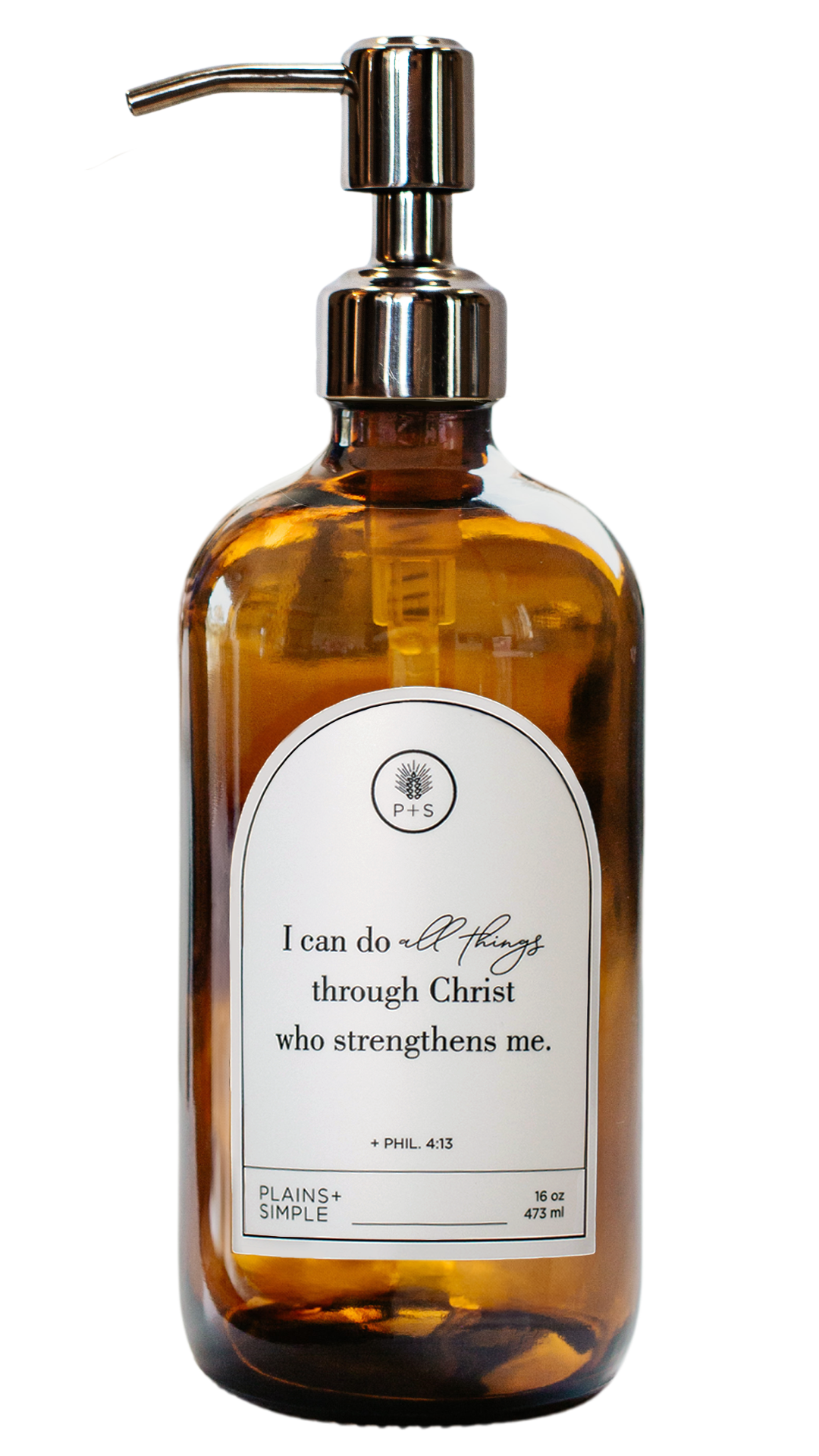 Amber glass I Can Do All Things multipurpose Gratitude Bottle with silver pump.