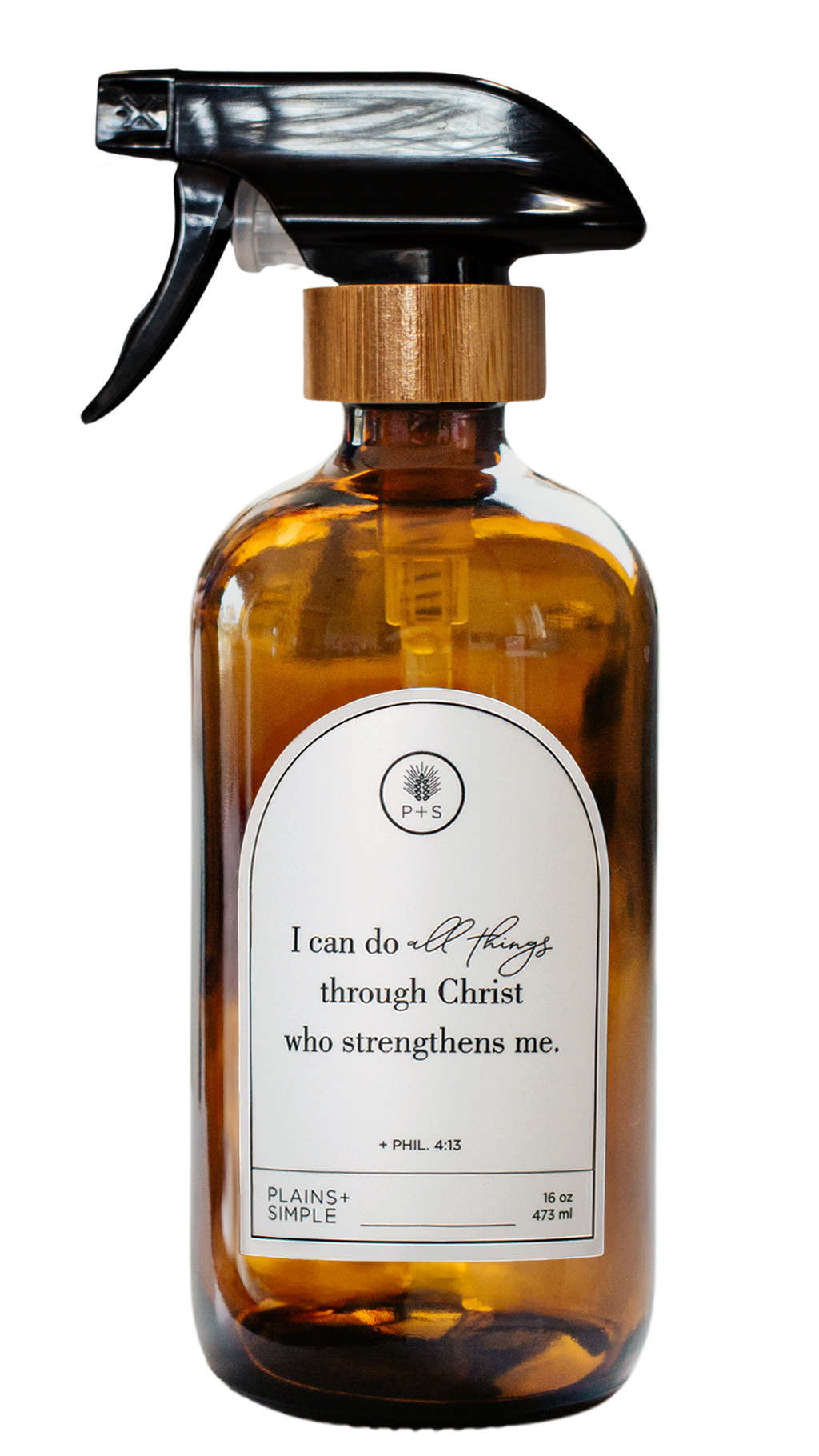 Amber glass I Can Do All Things multipurpose Gratitude Bottle with spray pump.