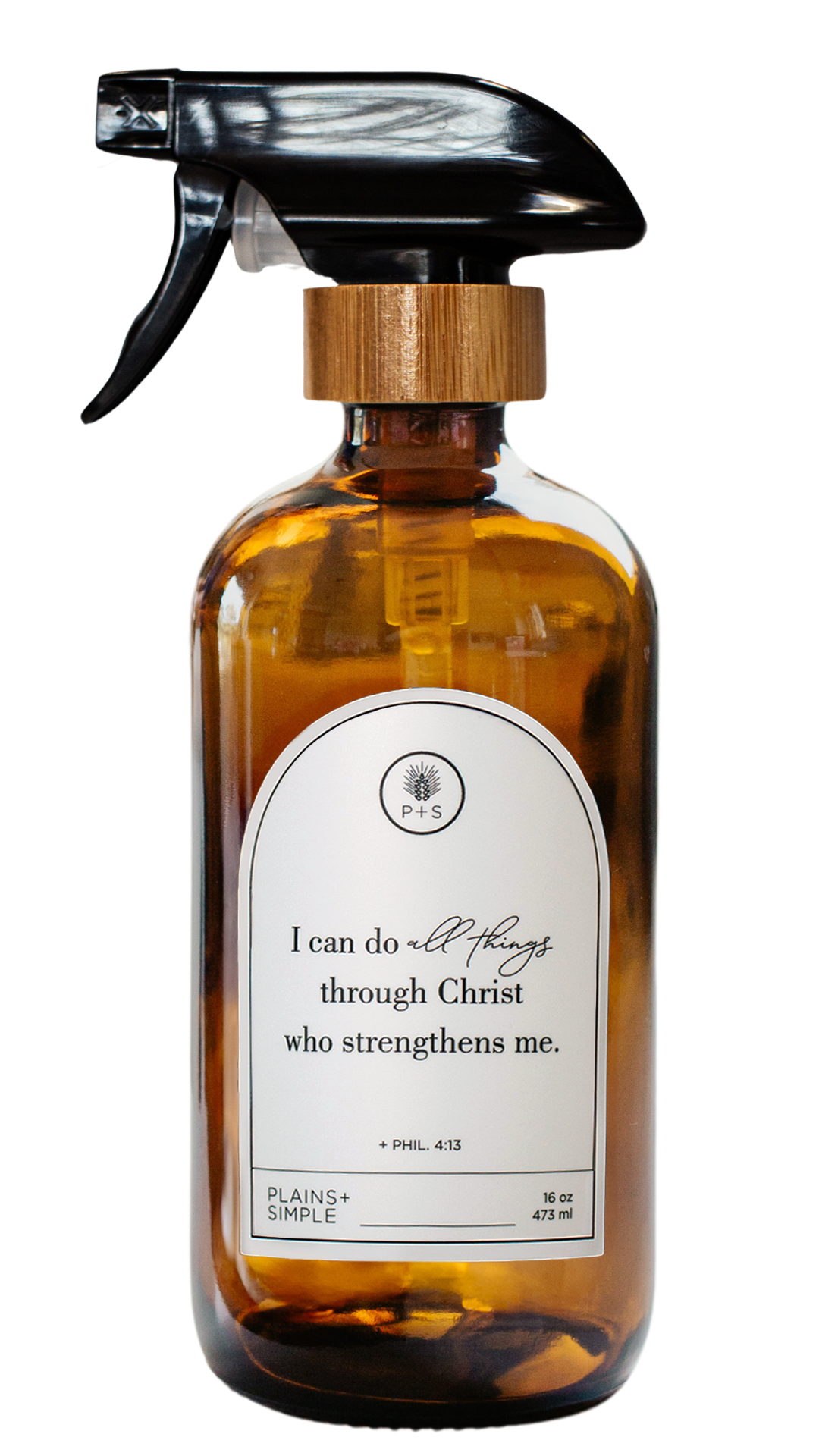 Amber glass I Can Do All Things multipurpose Gratitude Bottle with spray pump.