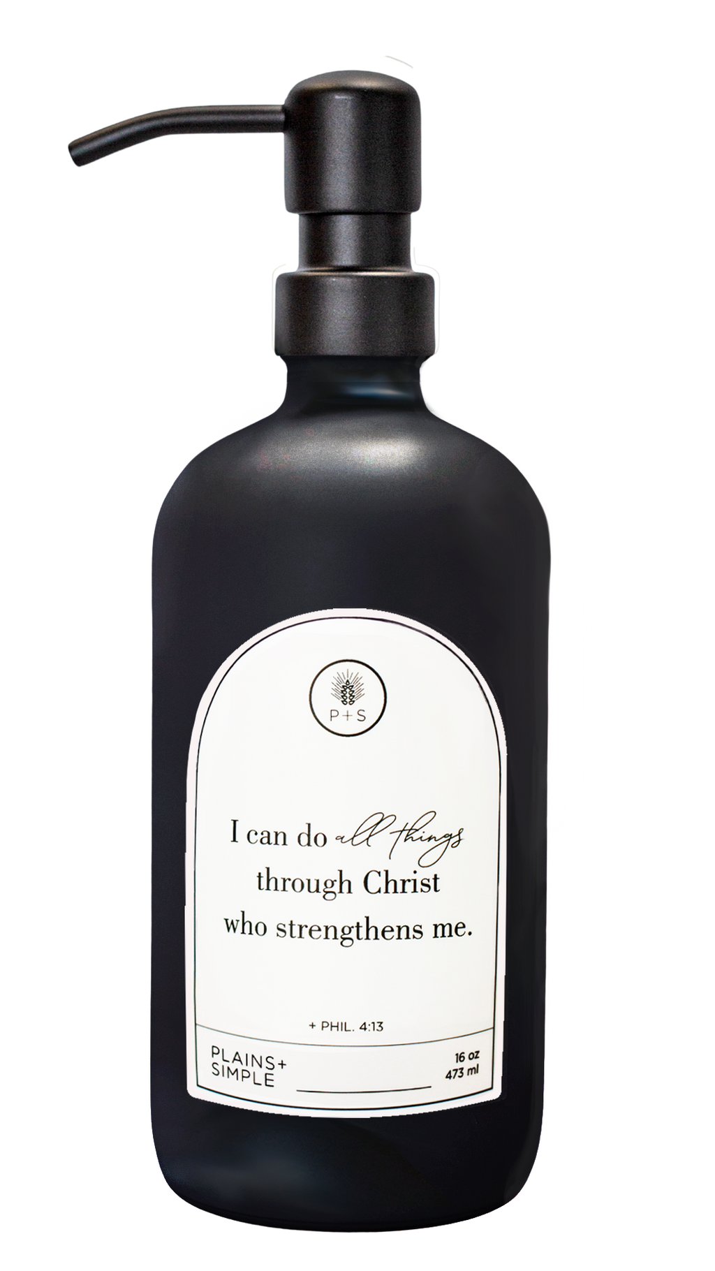 Black glass I Can Do All Things multipurpose Gratitude Bottle with black pump.