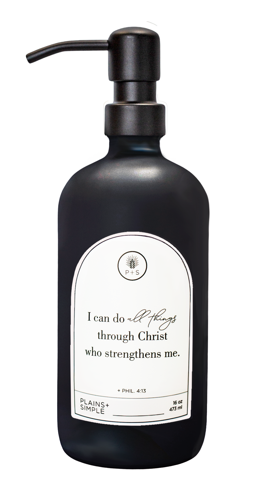 Black glass I Can Do All Things multipurpose Gratitude Bottle with black pump.