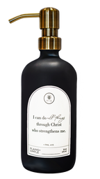 Black glass I Can Do All Things multipurpose Gratitude Bottle with gold pump.