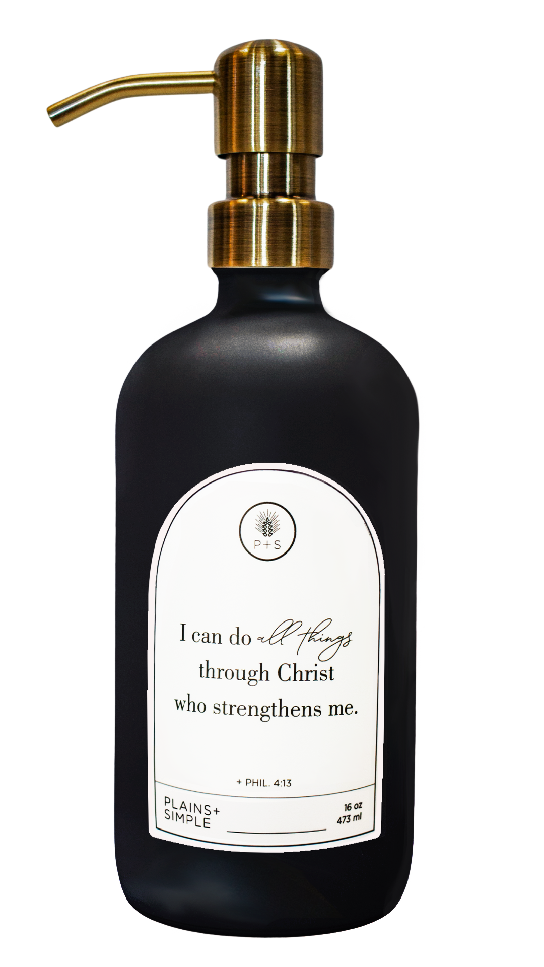 Black glass I Can Do All Things multipurpose Gratitude Bottle with gold pump.