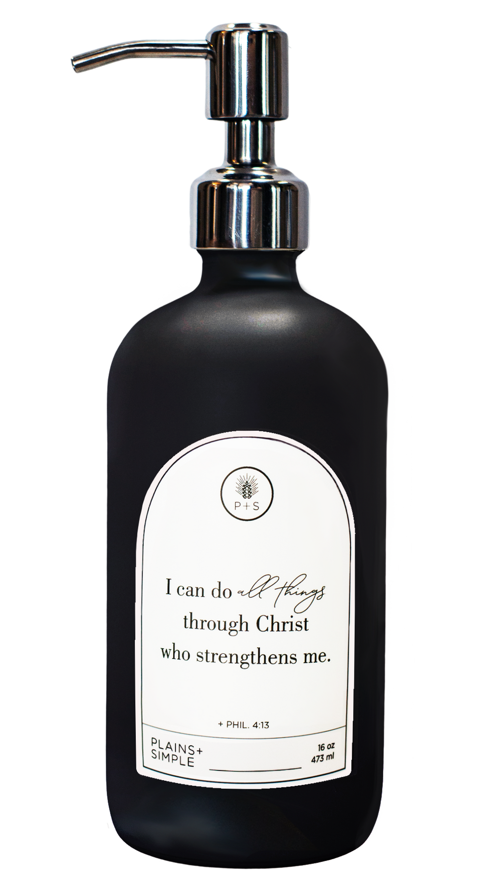 Black glass I Can Do All Things multipurpose Gratitude Bottle with silver pump.