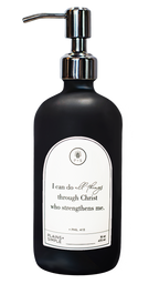 Black glass I Can Do All Things multipurpose Gratitude Bottle with silver pump.