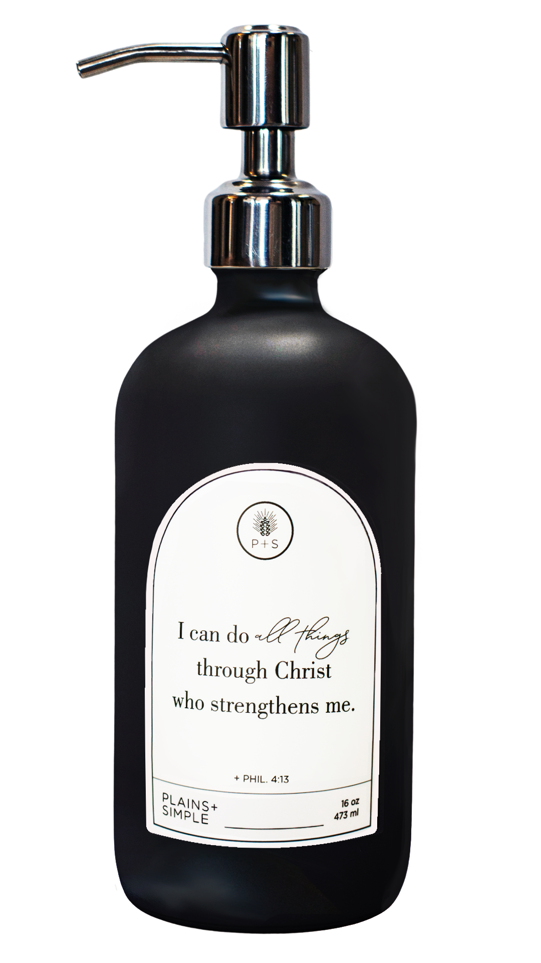 Black glass I Can Do All Things multipurpose Gratitude Bottle with silver pump.