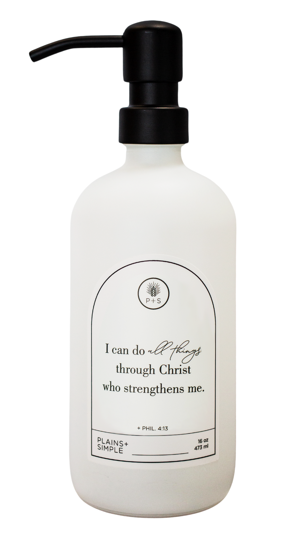 White glass I Can Do All Things multipurpose Gratitude Bottle with black pump.