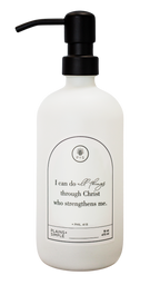 White glass I Can Do All Things multipurpose Gratitude Bottle with black pump.