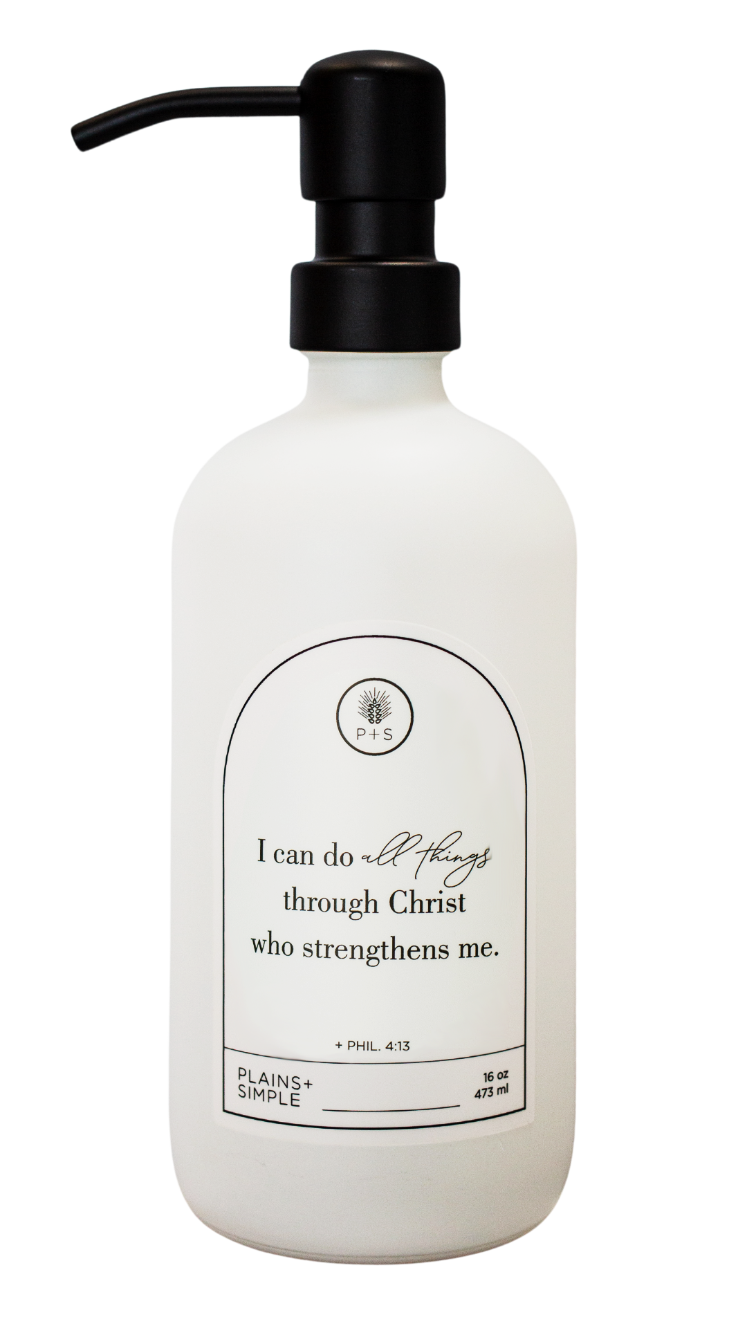 White glass I Can Do All Things multipurpose Gratitude Bottle with black pump.