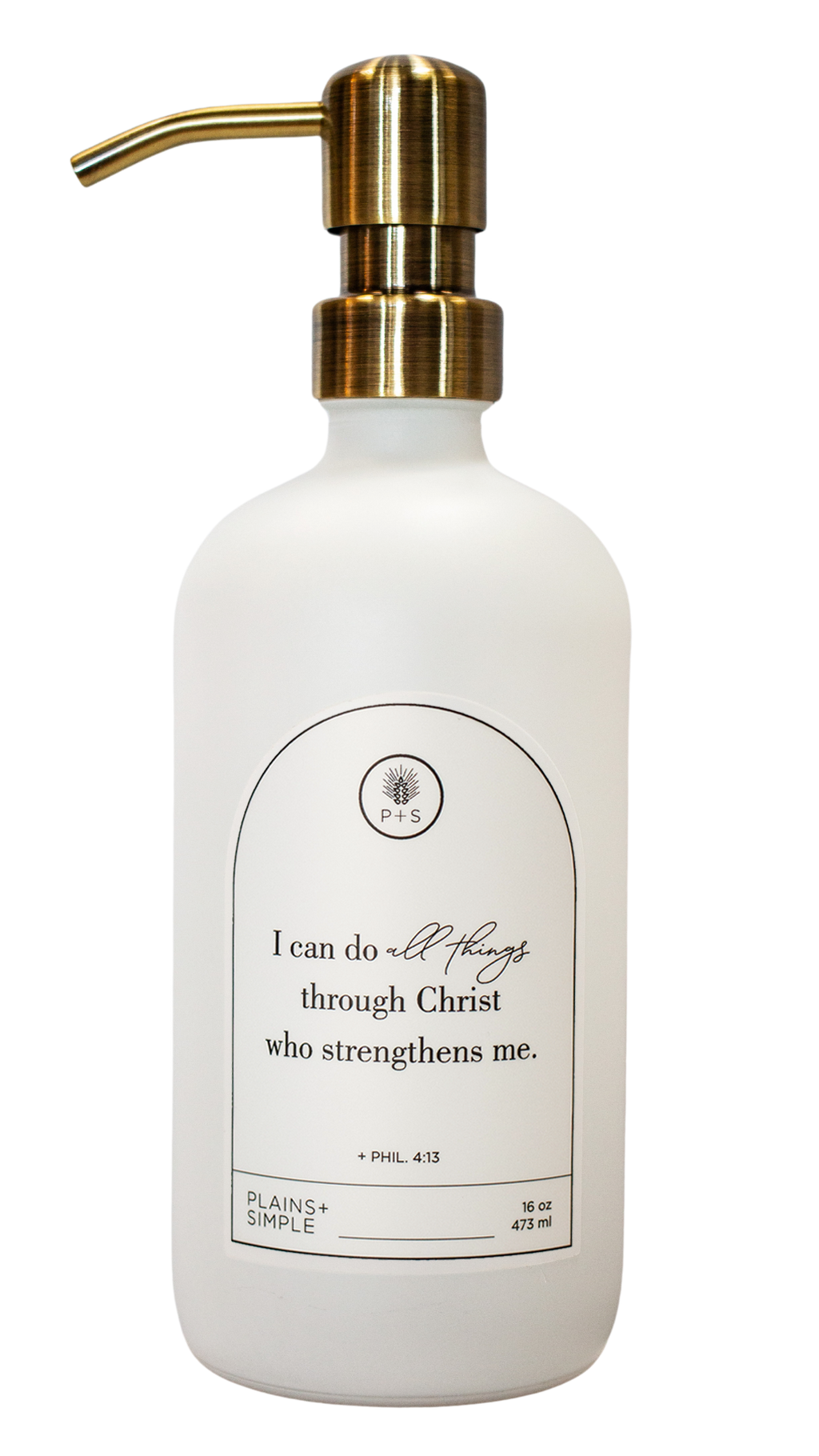 White glass I Can Do All Things multipurpose Gratitude Bottle with gold pump.
