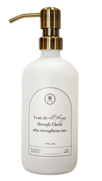 White glass I Can Do All Things multipurpose Gratitude Bottle with gold pump.