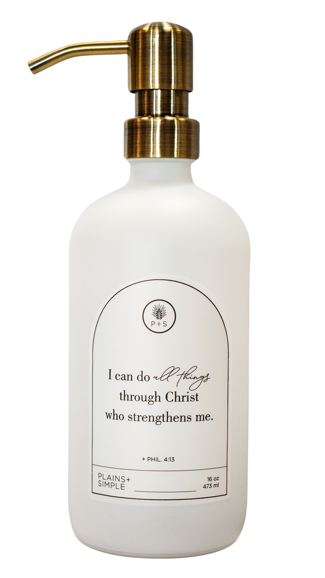 White glass I Can Do All Things multipurpose Gratitude Bottle with gold pump.