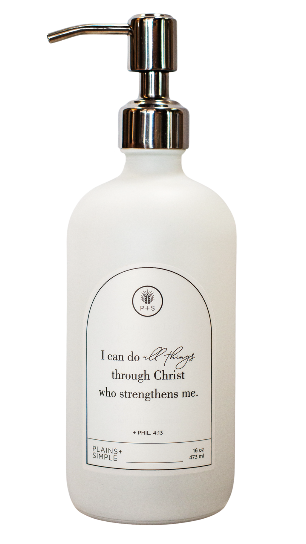 White glass I Can Do All Things multipurpose Gratitude Bottle with silver pump.