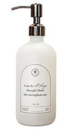 White glass I Can Do All Things multipurpose Gratitude Bottle with silver pump.