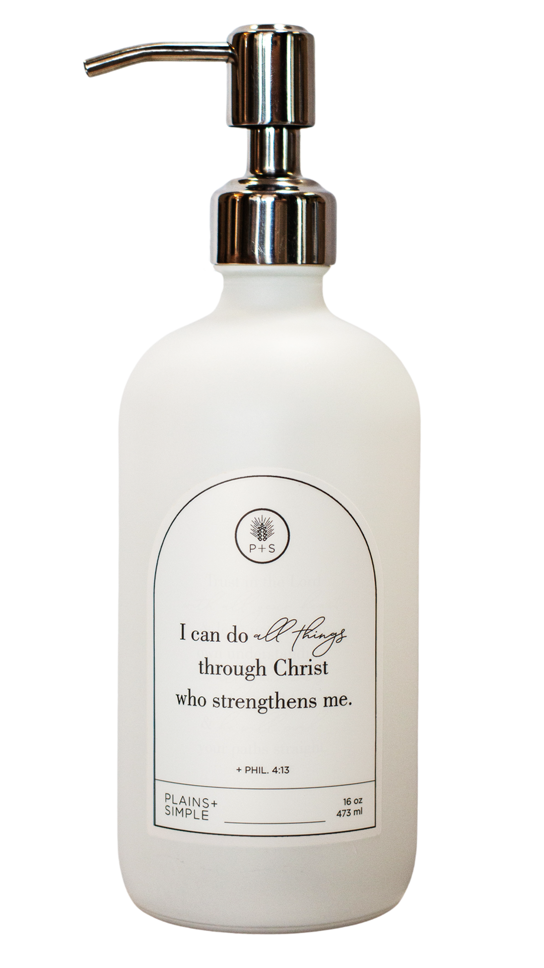 White glass I Can Do All Things multipurpose Gratitude Bottle with silver pump.