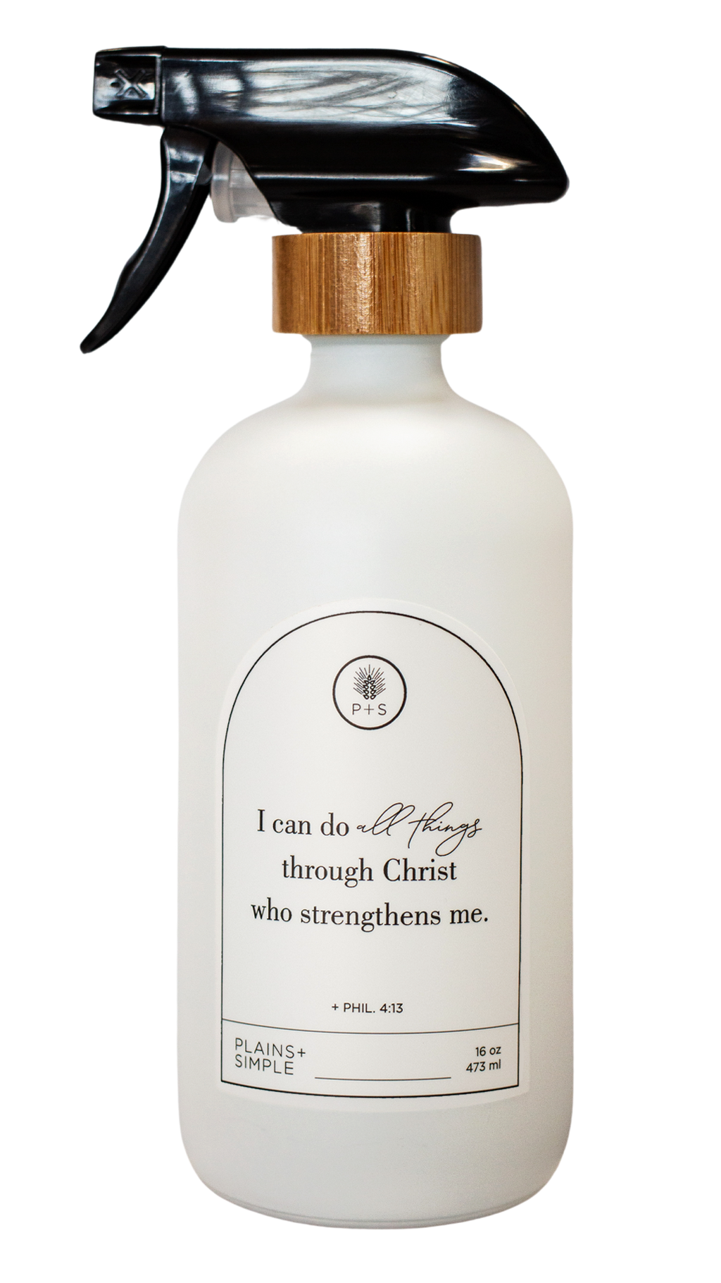 White glass I Can Do All Things multipurpose Gratitude Bottle with spray pump.