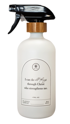 White glass I Can Do All Things multipurpose Gratitude Bottle with spray pump.