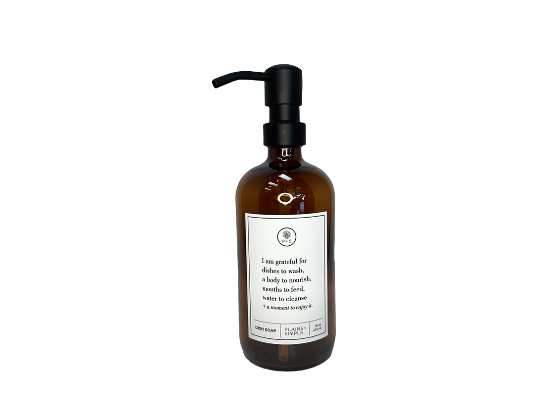 Amber glass I Am Grateful dish soap Gratitude Bottle with black pump.