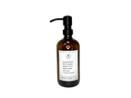 Amber glass I Am Grateful hand soap Gratitude Bottle with black pump.