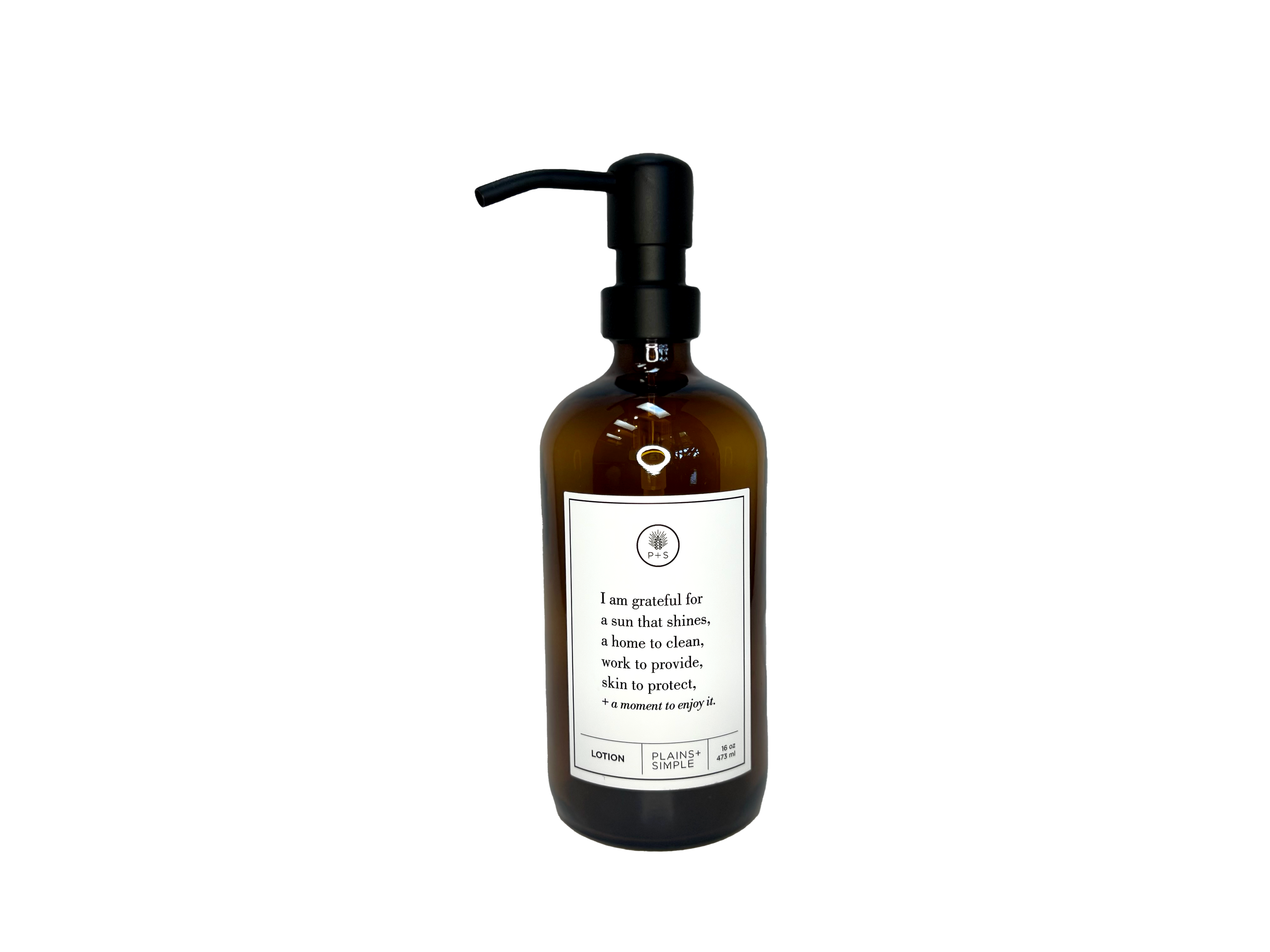 Amber glass I Am Grateful Gratitude Lotion Bottle with black pump.