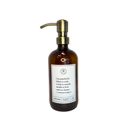Amber glass I Am Grateful dish soap Gratitude Bottle with gold pump.