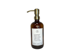 Amber glass I Am Grateful dish soap Gratitude Bottle with gold pump.