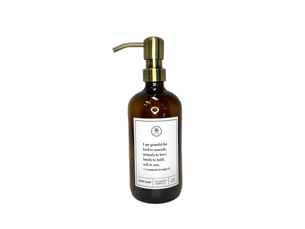 Amber glass I Am Grateful hand soap Gratitude Bottle with gold pump.