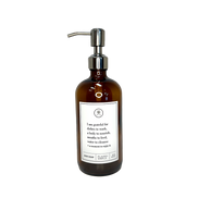 Amber glass I Am Grateful dish soap Gratitude Bottle with silver pump.